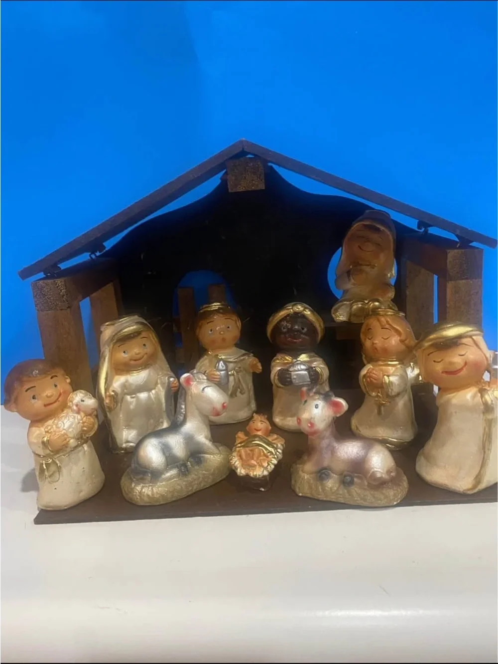 Vintage sears kids nativity set with wooden manger